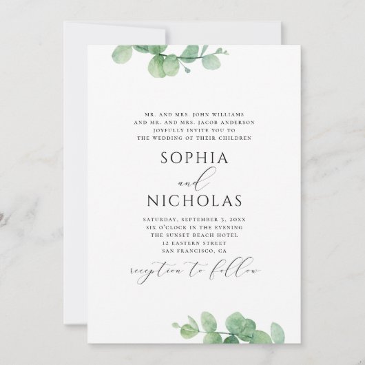 Invitation Mariage d'eucalyptus aquarelle. Feuillage verdoyan (Devant)