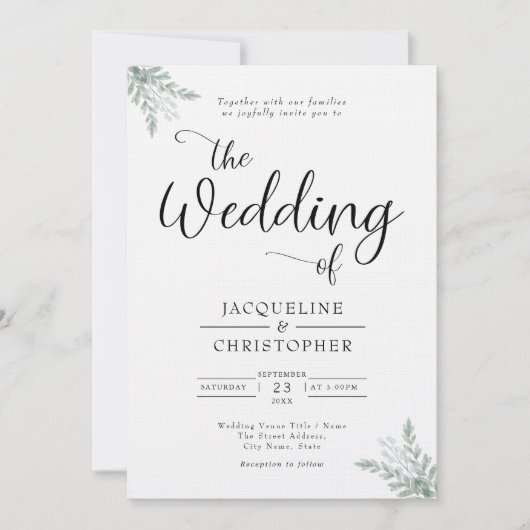 Invitation Mariage d'eucalyptus blanc doux (Devant)