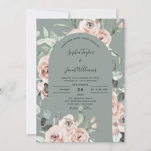 Invitation Mariage d'Eucalyptus Floral Rose Sage Vert (Devant)