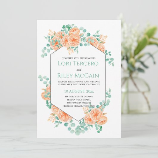 Invitation Mariage d'Eucalyptus Floral vert de Pêche (Debout devant)