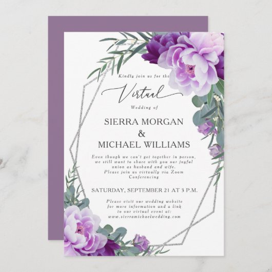 Invitation Mariage d'Eucalyptus Floral Virtuel Purple et Arge (Devant / Derrière)