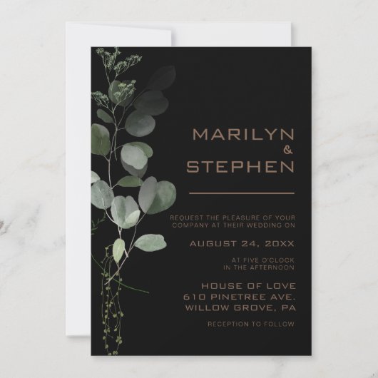 Invitation Mariage d'eucalyptus noir (Devant)