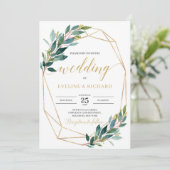 Invitation Mariage d'eucalyptus vert à cadre hexagonal or (Debout devant)