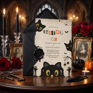 Invitation Mariage d'Halloween avec un joli chat noir