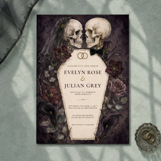 Invitation Mariage d'Halloween Couple de Crânes à l'Aquarelle