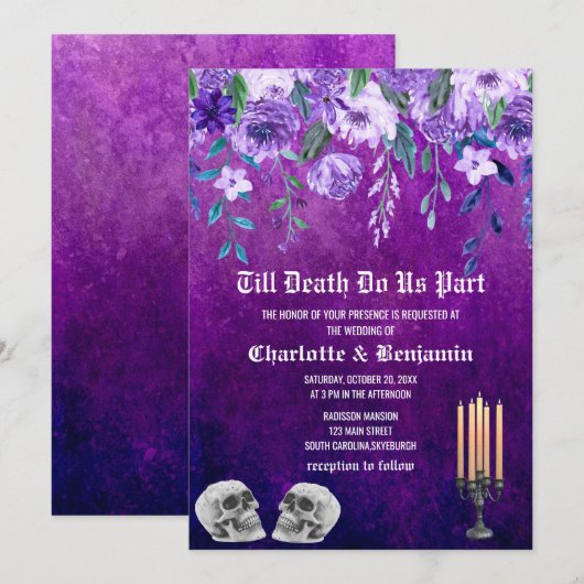 Invitation Mariage d'Halloween Fleur Skull Violet (Devant / Derrière)