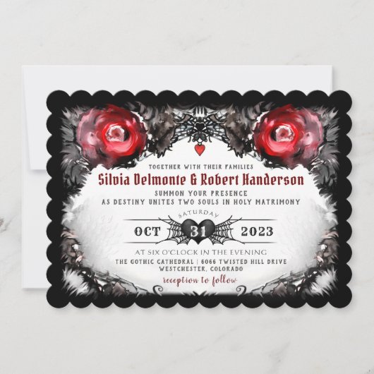 Invitation Mariage d'Halloween gothique Roses rouges et araig (Devant)