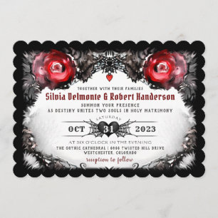 Invitation Mariage d'Halloween gothique Roses rouges et araig