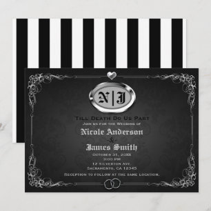 Invitation Mariage d'Halloween gothique vintage argent et noi