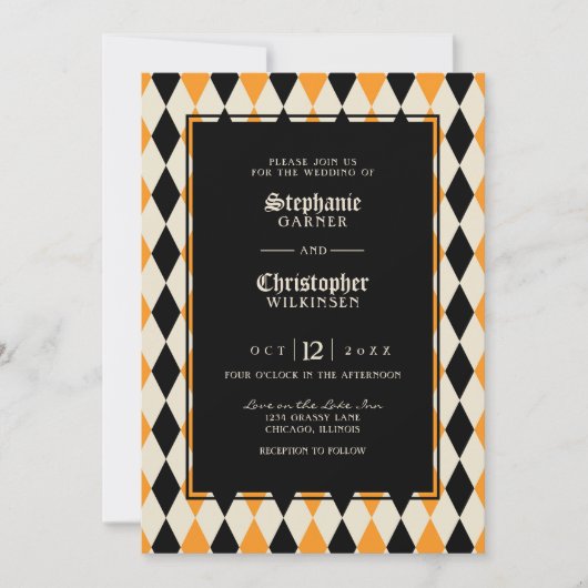 Invitation Mariage d'Halloween Orange Black Harlequin (Devant)