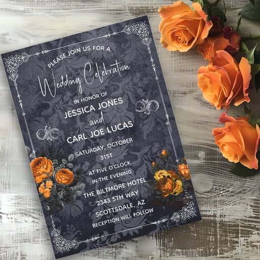Invitation Mariage d'Halloween Orange Rose Floral Ornate