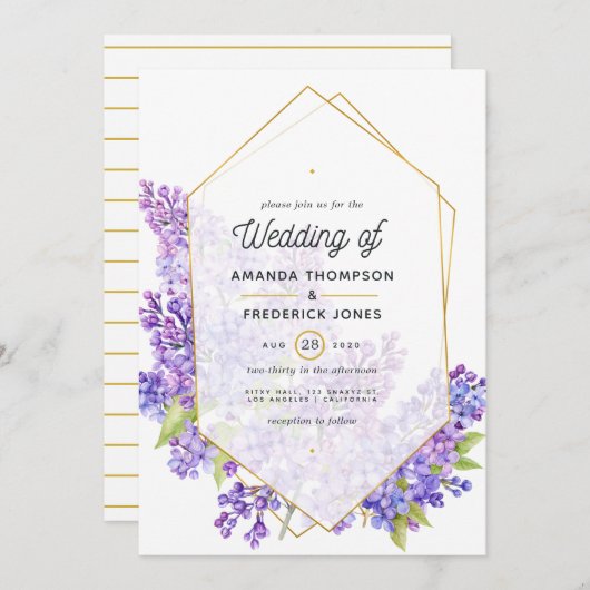 Invitation Mariage d'Herbarium géométrique Pastel Violet et O (Devant / Derrière)