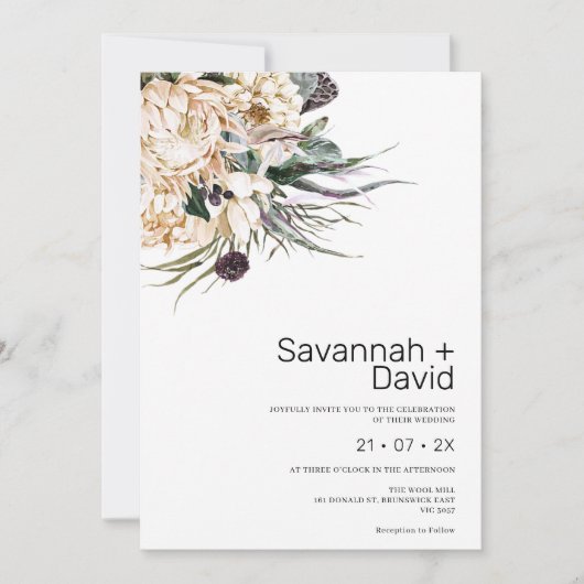Invitation Mariage d'herbe Boho Blanc Protea (Devant)