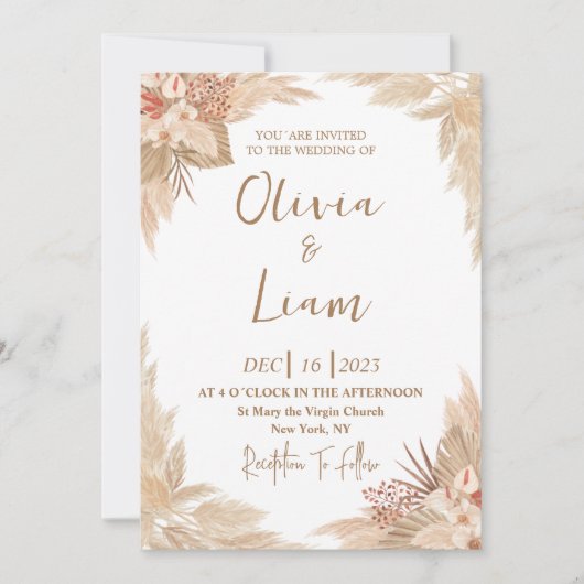 Invitation Mariage d'herbe Boho Pampas (Devant)