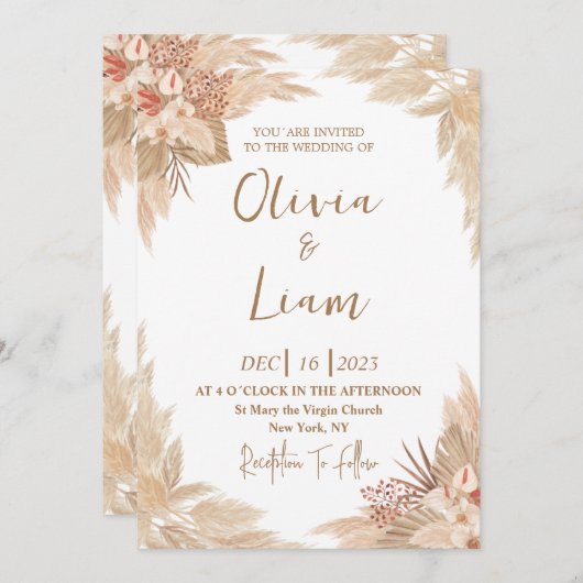 Invitation Mariage d'herbe Boho Pampas (Devant / Derrière)