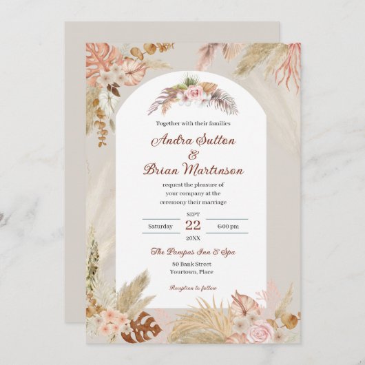 Invitation Mariage d'herbe Boho Pampas (Devant / Derrière)