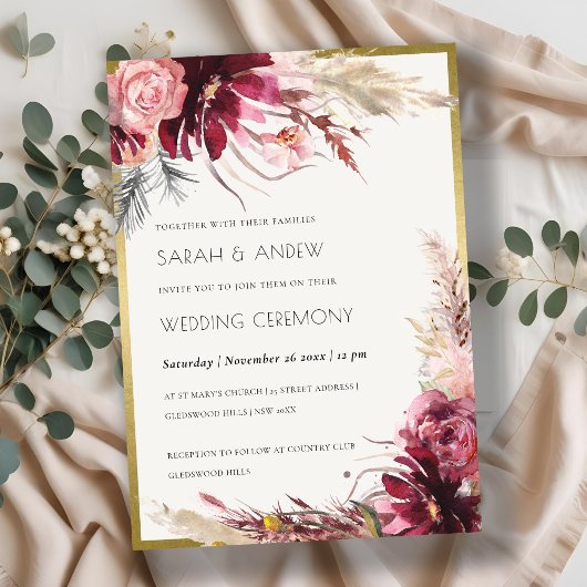 Invitation Mariage d'herbe Gold Burgundy