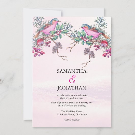 Invitation Mariage d'hiver à l'aquarelle Cônes de pin Oiseaux (Devant)