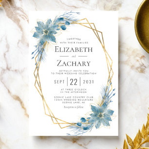 Invitation Mariage d'hiver aquarelle floral bleu poussiéreux