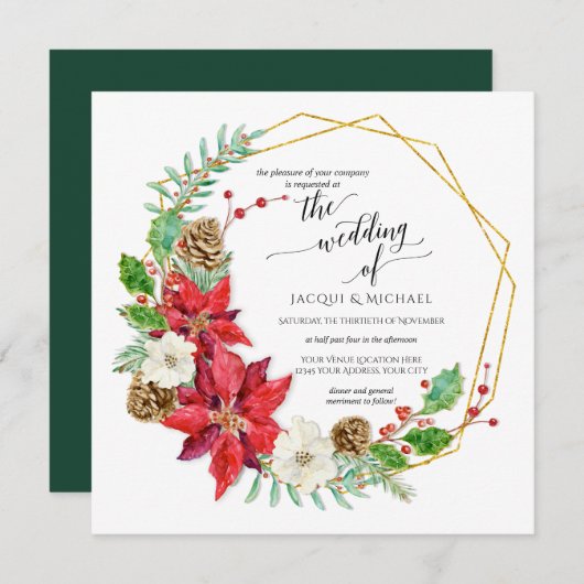 Invitation Mariage d'hiver Aquarelle Floral Wreath | Carré (Devant / Derrière)
