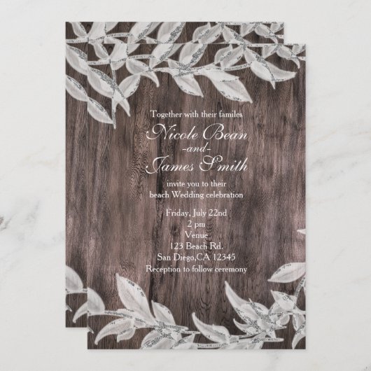 Invitation Mariage d'hiver aux feuilles blanches et argentées (Devant / Derrière)