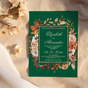 Invitation Mariage d'hiver aux feuilles florales brunes et ve