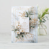 Invitation Mariage d'hiver aux fleurs blanches et marbre doré (Debout devant)