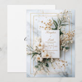 Invitation Mariage d'hiver aux fleurs blanches et marbre doré (Devant / Derrière)