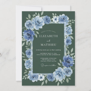 Invitation Mariage d'hiver aux fleurs vert forêt et azur