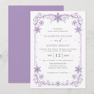 Invitation Mariage d'hiver aux flocons de neige violets éléga