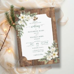 Invitation Mariage d'hiver aux roses de Noël en bois de grang
