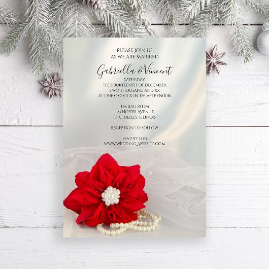 Invitation Mariage d'hiver avec Poinsettia rouge et perles bl