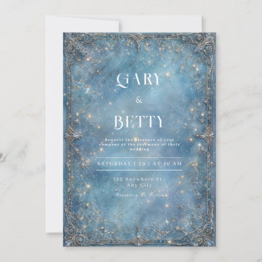Invitation Mariage d'hiver baroque argent or bleu céleste (Devant)