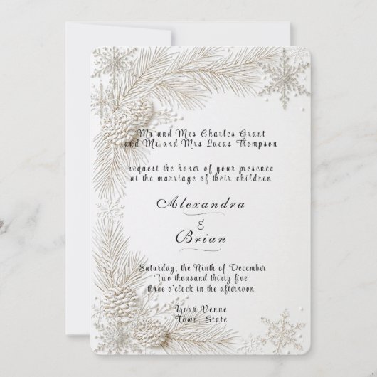 Invitation Mariage d'hiver blanc Branches de pin Flocons de n (Devant)