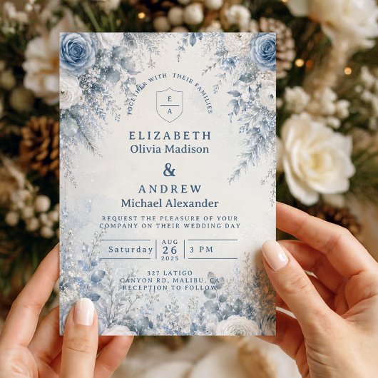 Invitation Mariage d'hiver bleu élégant