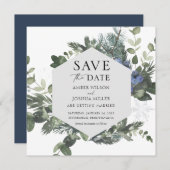 Invitation Mariage d'hiver bleu Enregistrer la date (Devant / Derrière)