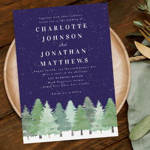 Invitation Mariage d'hiver bleu marine en forêt de style Wood