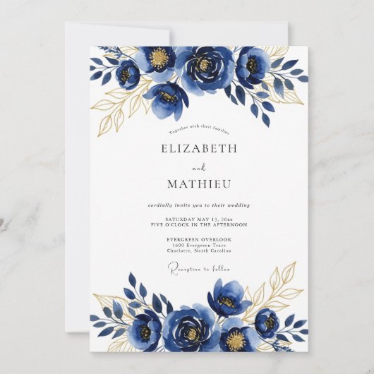 Invitation Mariage d'Hiver Bleu Royal Doré (Devant)