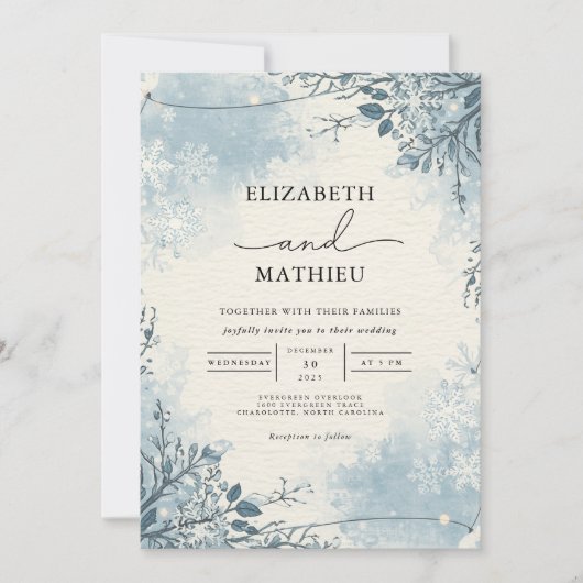 Invitation Mariage d'hiver Botanique Bleu Froide (Devant)