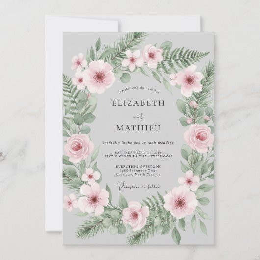 Invitation Mariage d'hiver botanique doux gris clair (Devant)