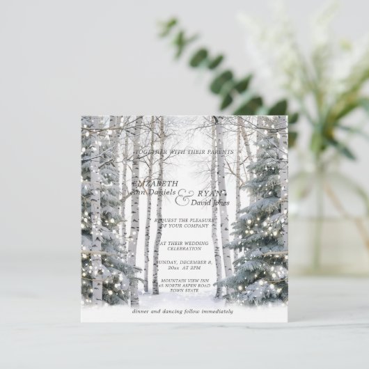 Invitation Mariage d'hiver Bouleau blanc Flammes de neige Pin (Debout devant)