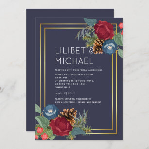 Invitation Mariage d'hiver Bourgogne Turquoise Bleu moderne