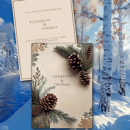 Invitation Mariage d'hiver Cônes de pin Aiguilles de pin