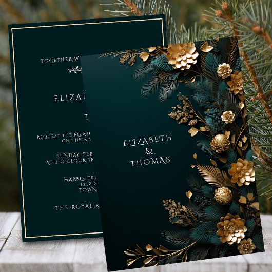 Invitation Mariage d'hiver Cônes de pin dorés Aiguilles de p
