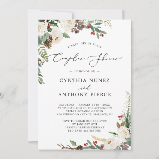 Invitation Mariage d'hiver Couples Douche Rustique Chic Fleur (Devant)
