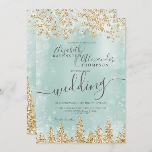 Invitation Mariage d'hiver dans la neige verte (Devant / Derrière)