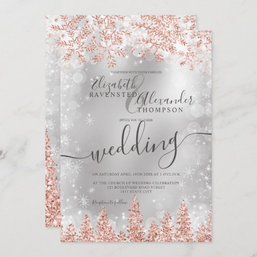 Invitation Mariage d'hiver de Noël en pin d'argent rose (Devant / Derrière)