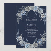 Invitation Mariage d'hiver divin bleu marine (Devant / Derrière)