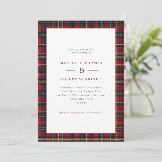 Invitation Mariage d'hiver écossais Tartan rouge et jaune (Debout devant)