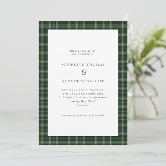 Invitation Mariage d'hiver écossais Tartan vert (Debout devant)